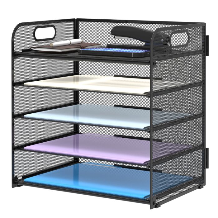 Supeasy 5 Trays Paper Organizer with Handle - Mesh Desk File/Letter Organizer,Black Paper Sorter for Office, Home or School BE5